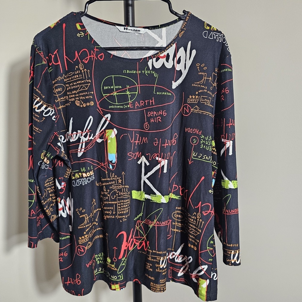 Peter Nygard Collection Womens Large Abstract Colorful Blouse Black Multicolor